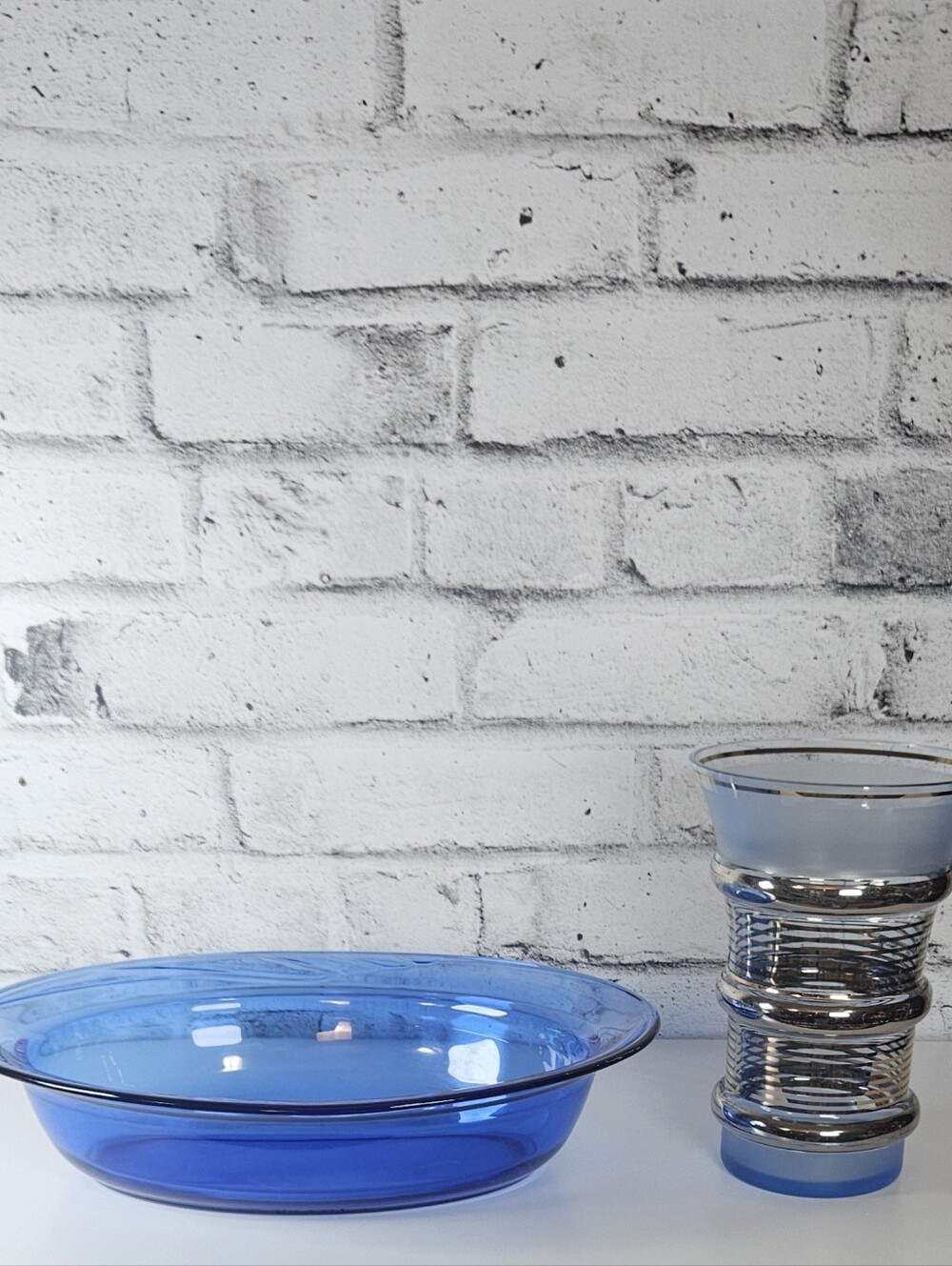 Vintage Blue Glass Bowl and Silver Gold Banded Art Deco Vase Set